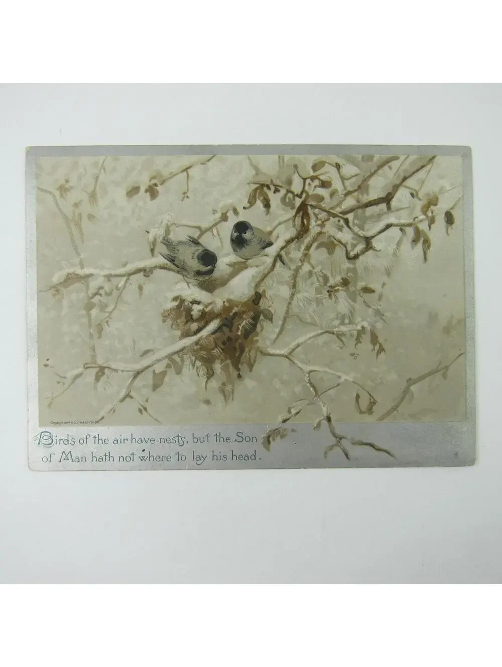 Victorian Greeting Card Birds in Tree Religious Silver Border Antique 1884
